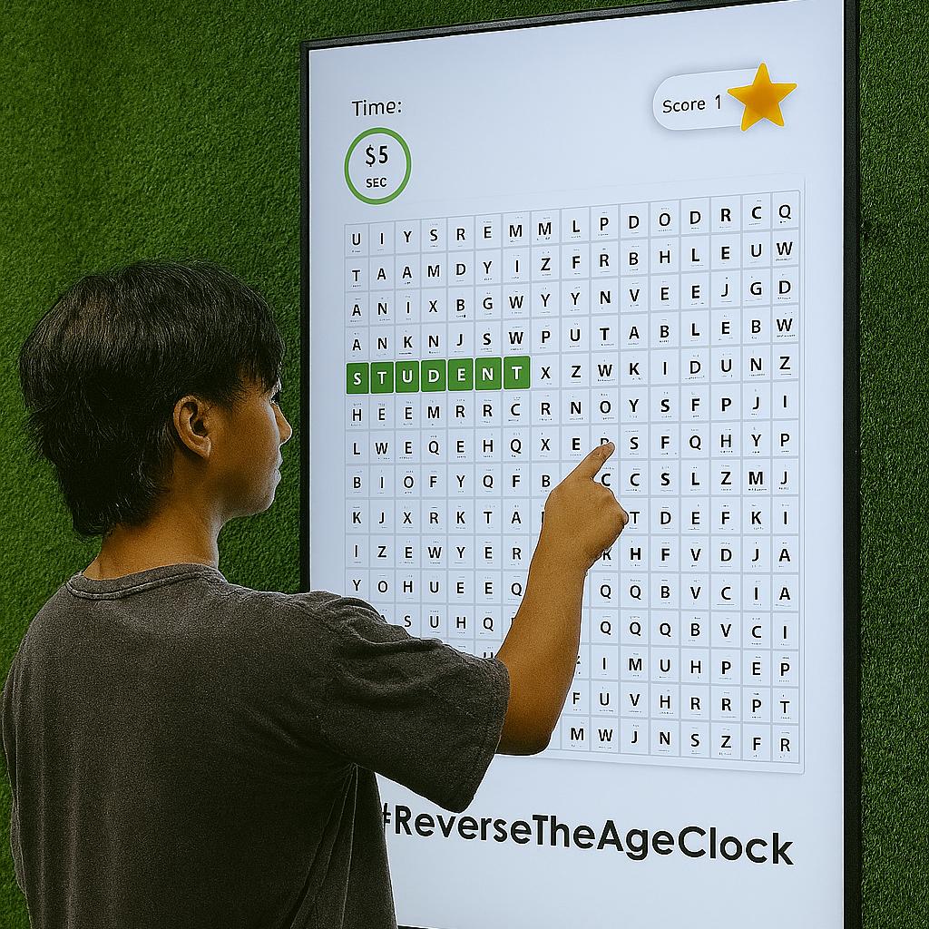 Guest playing interactive word search game at corporate event in Dubai, with branded screen, vibrant green backdrop