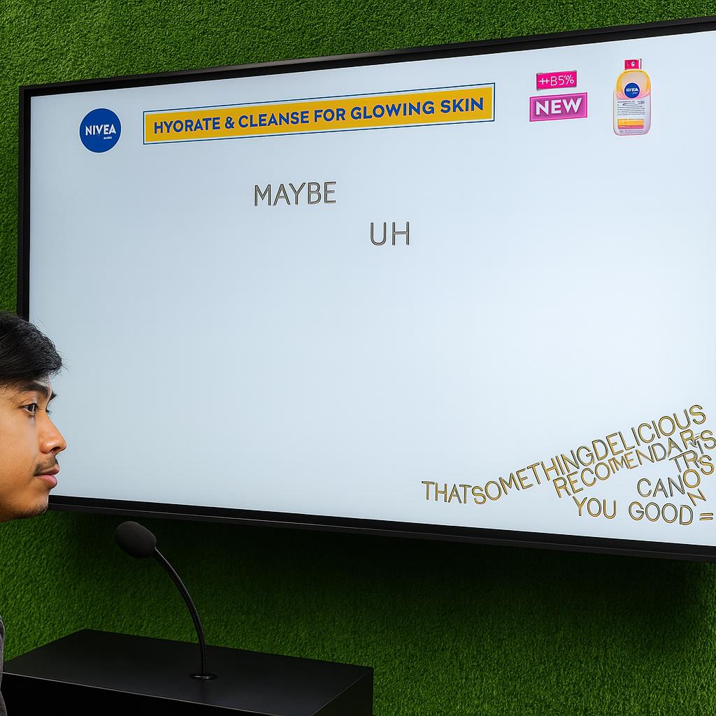 Arab woman using Sayit AI at a Dubai corporate event, speaking into a mic as 3D branded text appears on a large screen, showcasing interactive event technology rental