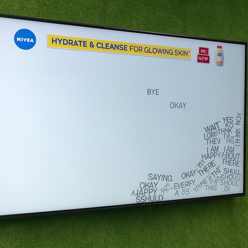 Arab woman using Sayit AI at a Dubai corporate event, speaking into a mic as 3D branded text appears on a large screen, showcasing interactive event technology rental