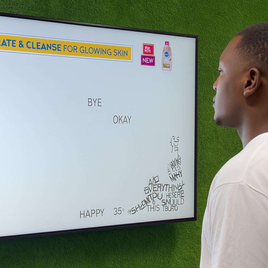 Arab woman using Sayit AI at a Dubai corporate event, speaking into a mic as 3D branded text appears on a large screen, showcasing interactive event technology rental