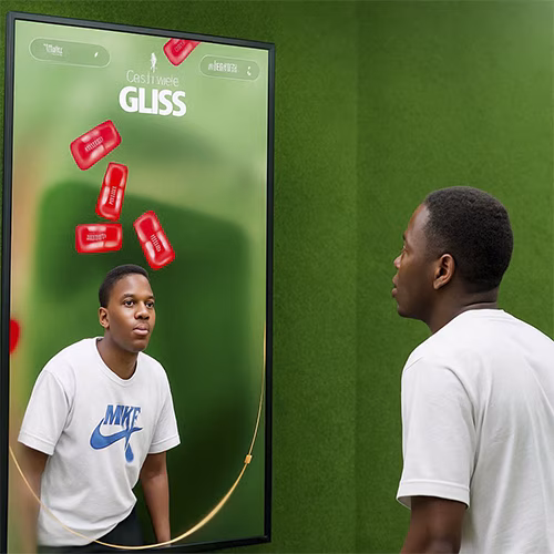 Guest playing interactive balance game using motion sensors to stack virtual items on head at a corporate event or exhibition booth in Dubai – fun and engaging activity.