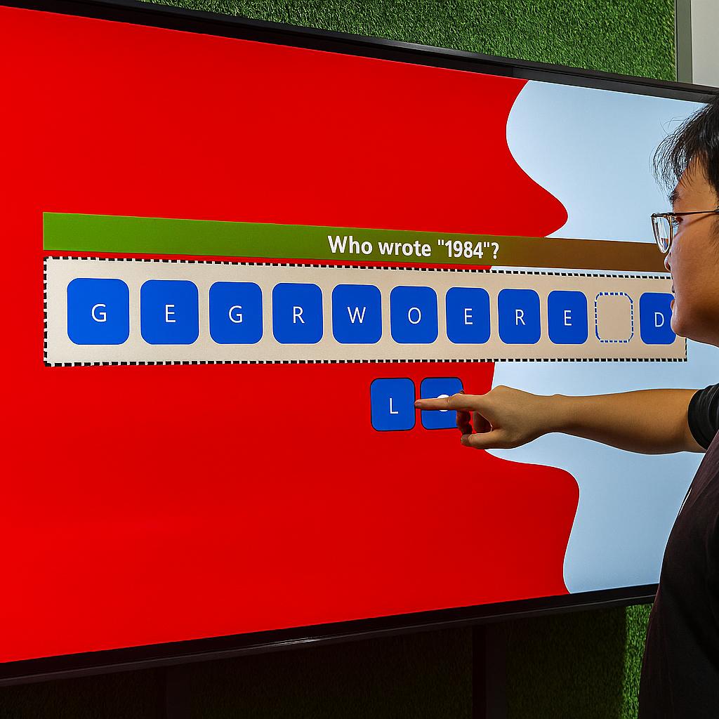 Guest playing word scramble game on large touchscreen at Dubai event with branded graphics and green artificial grass wall background.