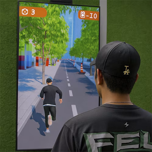 Player enjoying a motion runner game in Dubai, using full-body movement to jump and dodge obstacles. Interactive game rental