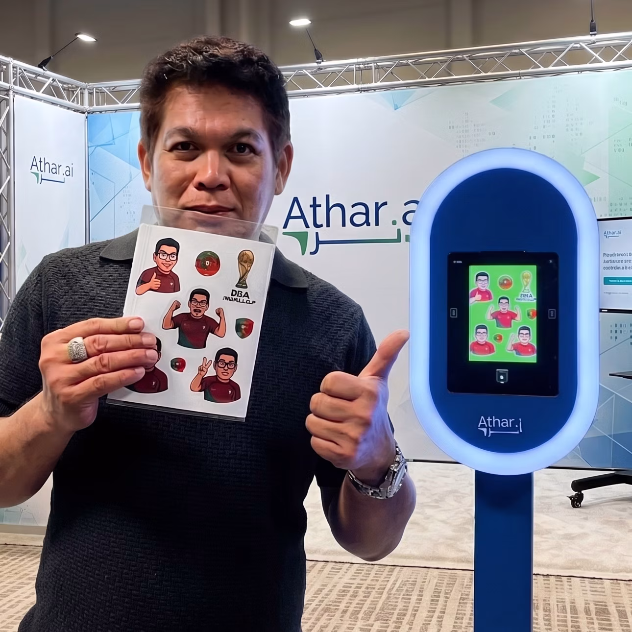 Guest holding a custom-printed sheet of branded AI branded stickers at a Dubai corporate event