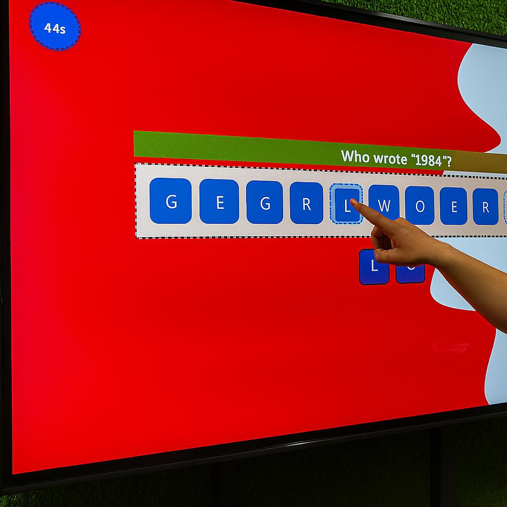 Guest playing word scramble game on large touchscreen at Dubai event with branded graphics and green artificial grass wall background.