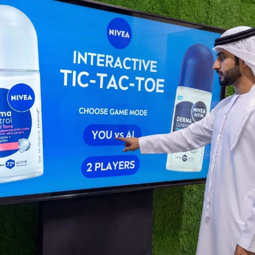 Interactive AI Tic-Tac-Toe game display for event brand activation in Dubai
