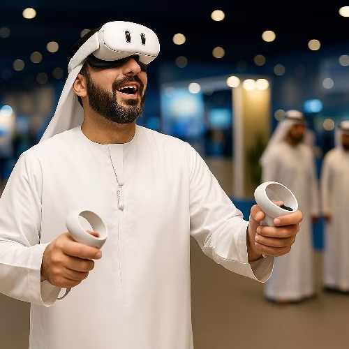 Emirati man wearing VR headset, immersed in virtual reality gaming experience, promoting VR game rental and development services by mirrorboothdubai.com in Dubai